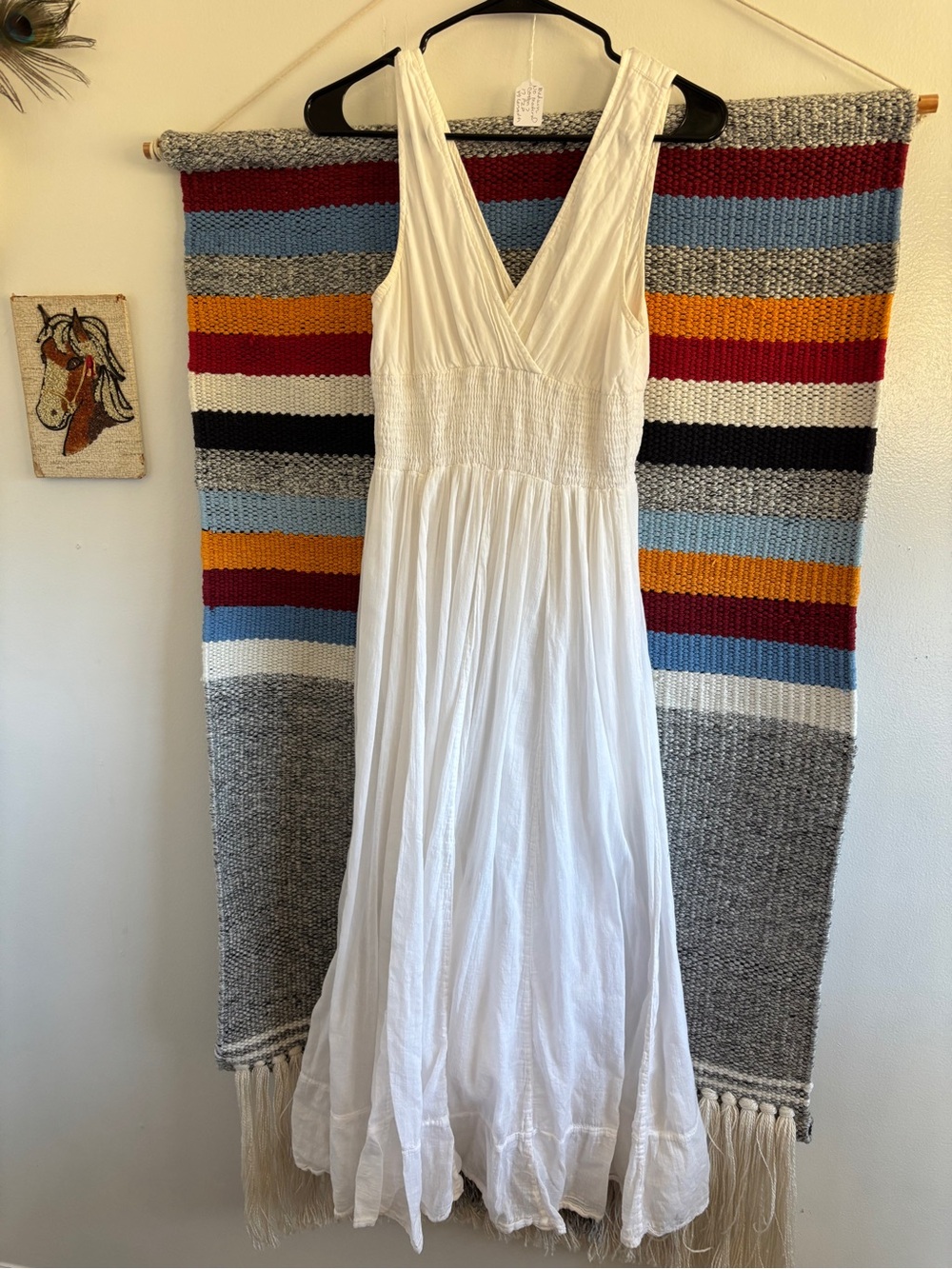 Solitaire White V-Neck Cotton Maxi Dress with Smocked Waist